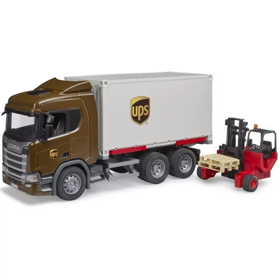Bruder Scania Super 560R UPS logistics truck with transportable forklift truck
