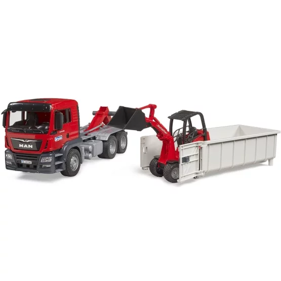 Bruder MAN TGS truck with roll-off container and Schäffer yard loader 2630