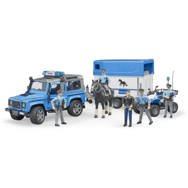 Bruder Land Rover Defender police vehicle with horse trailer, horse and policeman