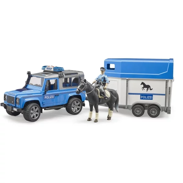 Bruder Land Rover Defender Polizeifahrzeug mit Pferdeanhänger, Pferd und Polizist