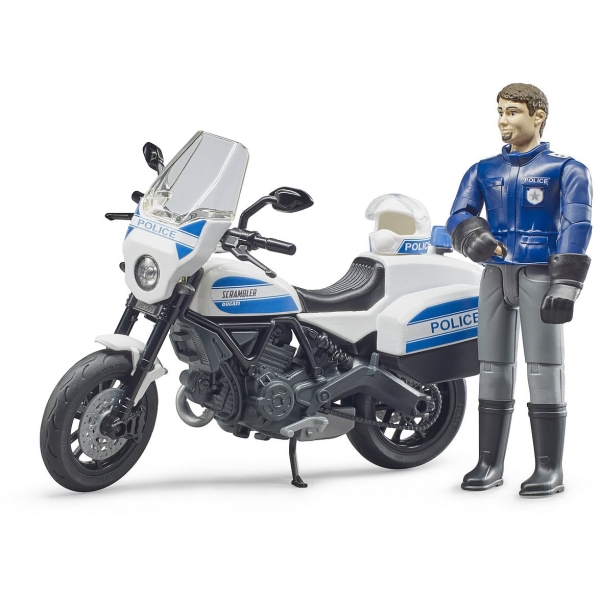 Polizist mit Polizeimotorad Ducati Scrambler 